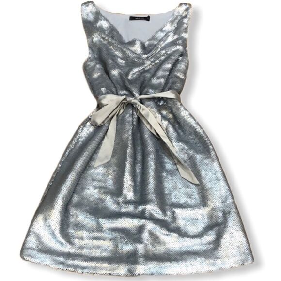 𝅺ark & Co Cowl Neck Sleeveless Silver Metallic Sequin Dress Sz S - Picture 1 of 11